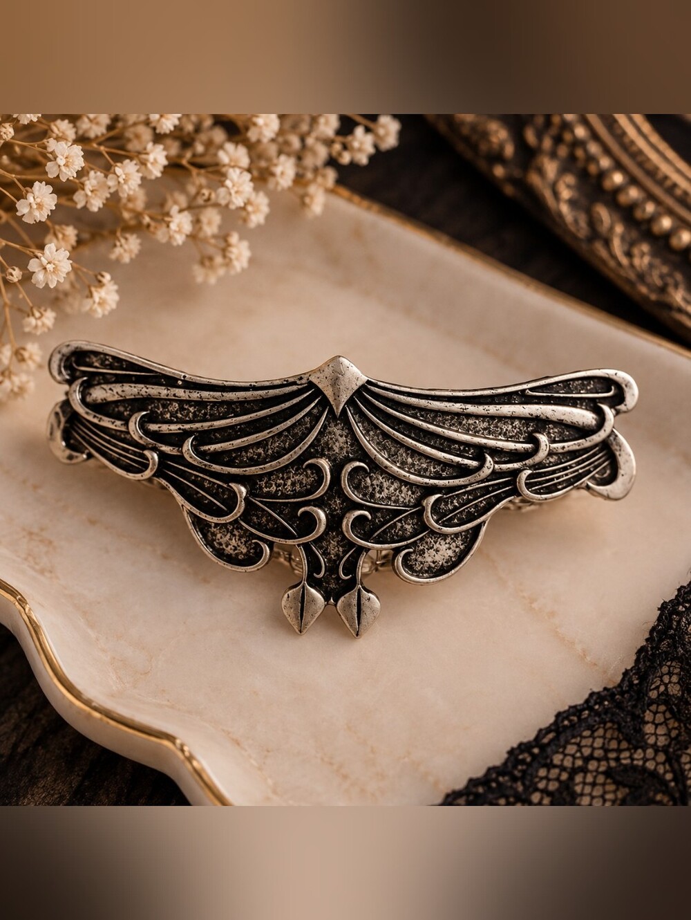 Vintage Antique Silver Metal Moth Hair Barrette New